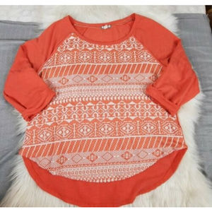 Eyeshadow Top Size XL Orange White 3/4 Sleeve Round Neck B1